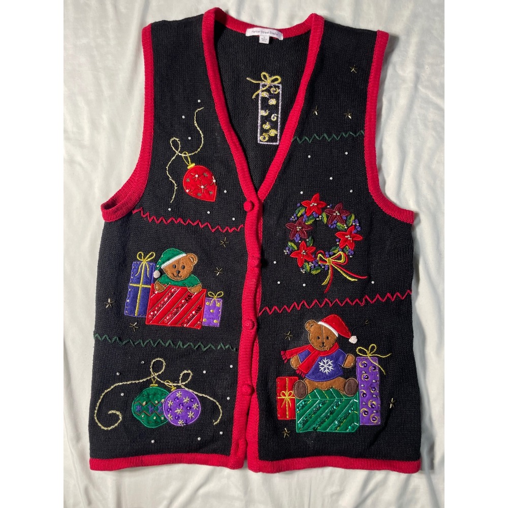 Mercer Street Studio Christmas Sweater Vest Black Red Teddy Bear Beaded Small